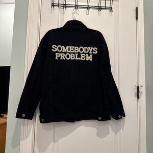 Black Denim Jacket with Embroidered Text